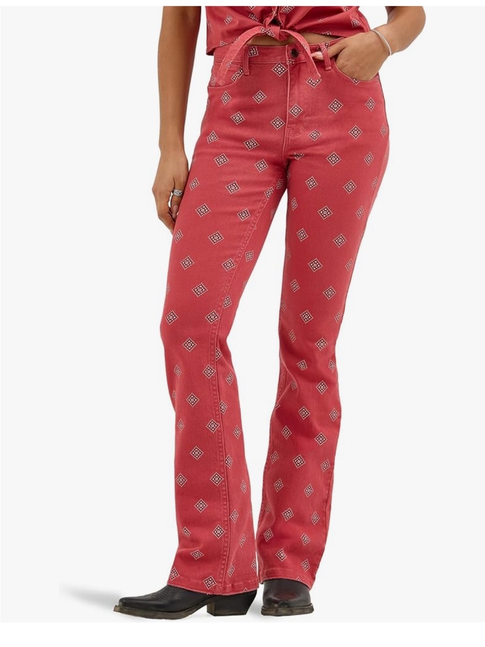 Women's Wrangler Red Printed High-Rise Bootcut Jeans